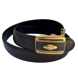 Flex Mens Vintage Ratchet Belt Dark Brown Genuine Leather Gold Buckle Made USA